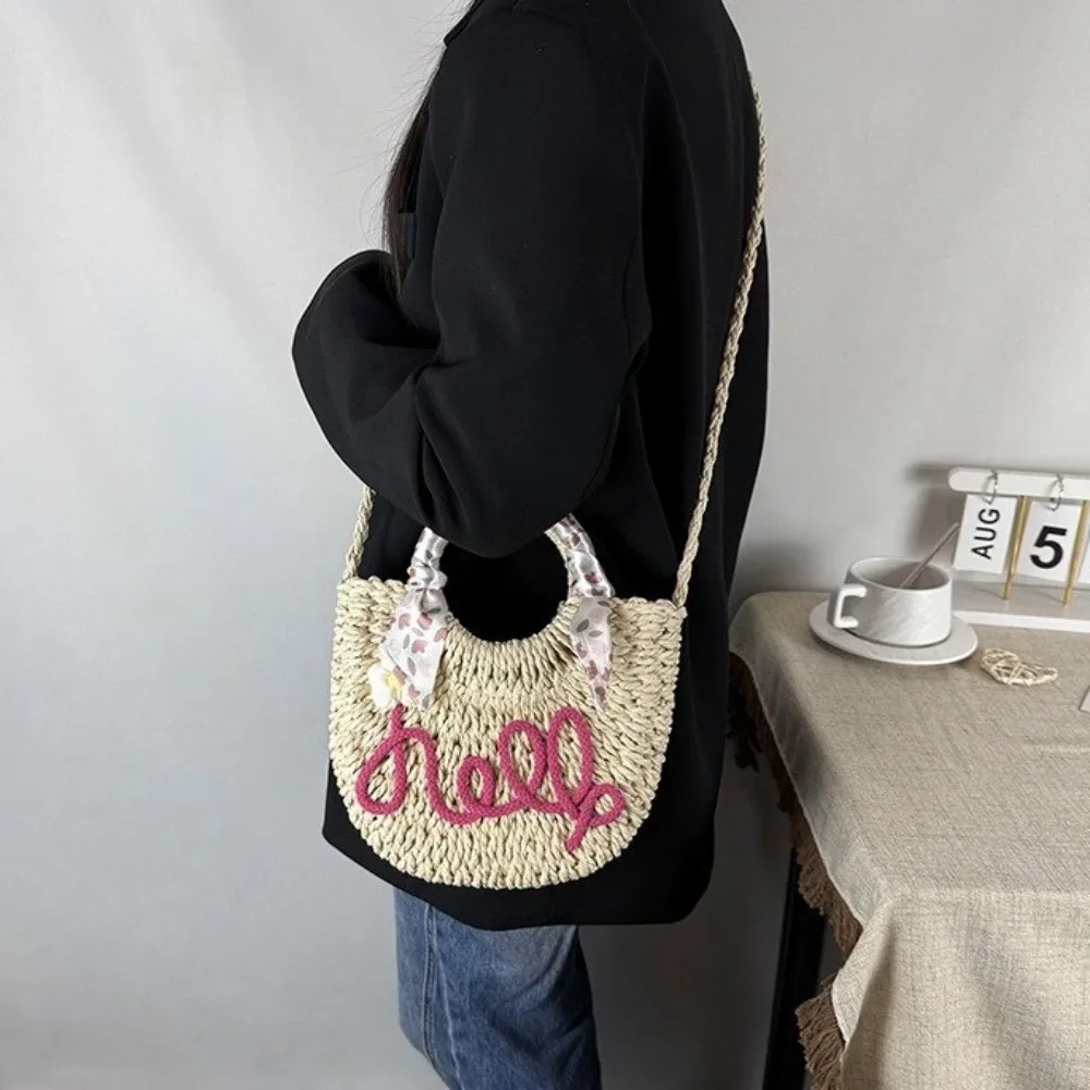 

Handmade Moon Shaped Beach Straw Bag Ribbon Flower Woven Underarm Bag Large Capacity Hollow Knitted Shoulder Bag Summer