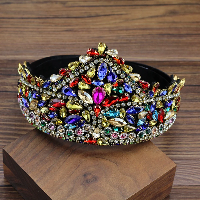Handmade Women Hair Accessories Hot Pink Blue Crystal Queen Tiara Headbands Princess Baroque Crowns Hairbands For Girls Wedding