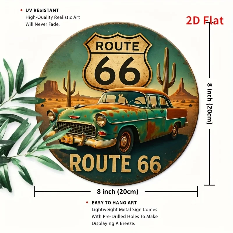 2D Flat - 1pc Route 66 Tin Sign - Round Aluminum Wall Art 8X8 Inches (20X20 Cm) Vintage Classic Car And Desert Landscape Design