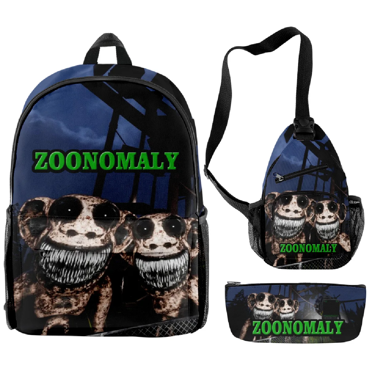 Hip Hop populer Novelty lucu Zoonomaly 3D dicetak 3 buah/set tas sekolah murid perjalanan ransel Laptop tas dada kotak pensil