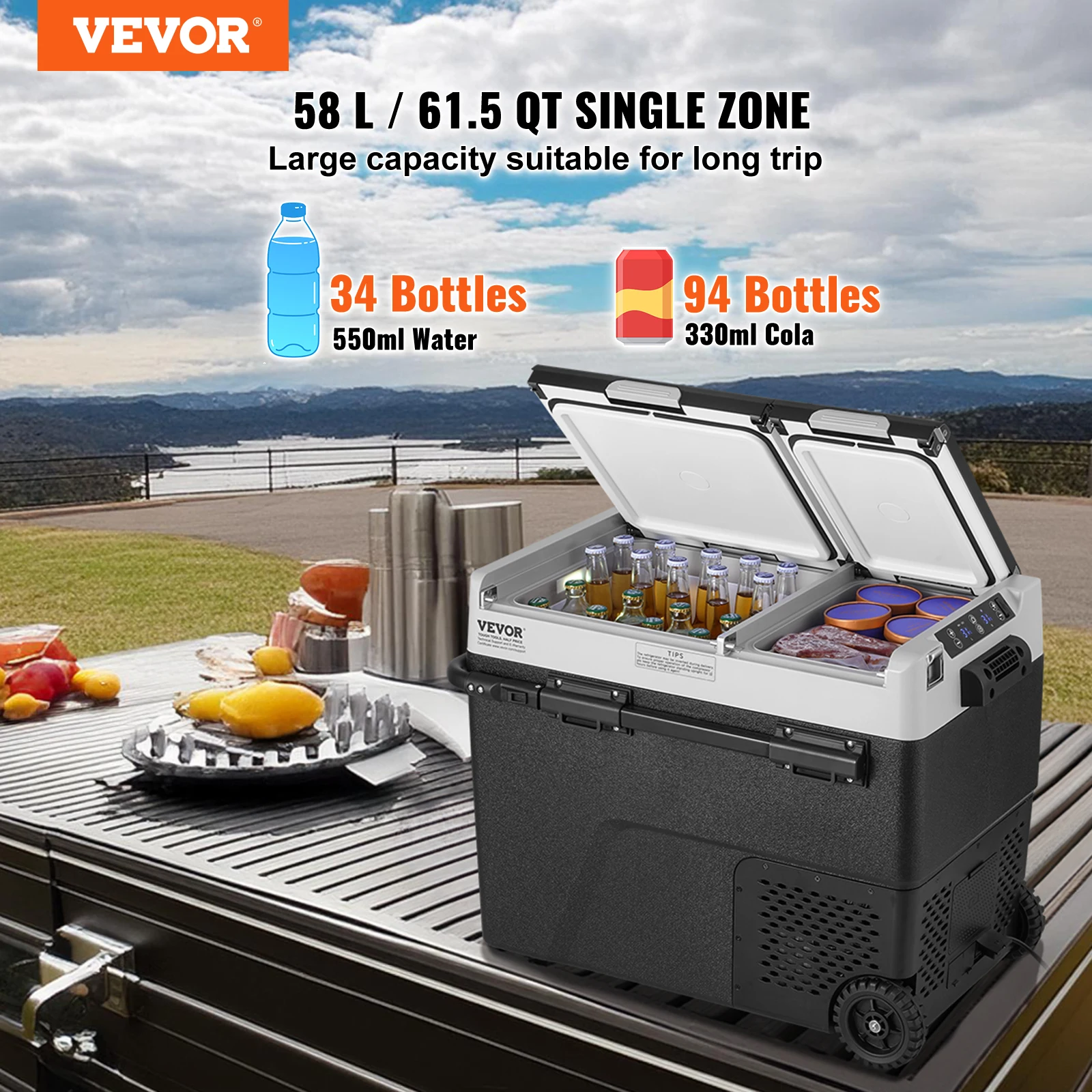 VEVOR 12V Portable Car Refrigerator, 58 L / 61.5 QT Dual Zone Freezer, -4℉-68℉ Adjustable Temperature, for Home Outdoor Camping