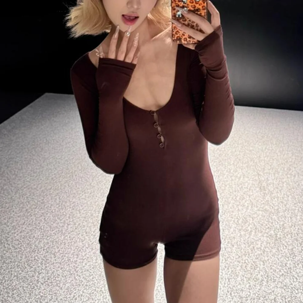 8 colors Sexy Open Button O neck Long Sleeve Knitted Viscose Bodysuit Woman Tight Short Jumpsuit Slim Fit Rompers Playsuits