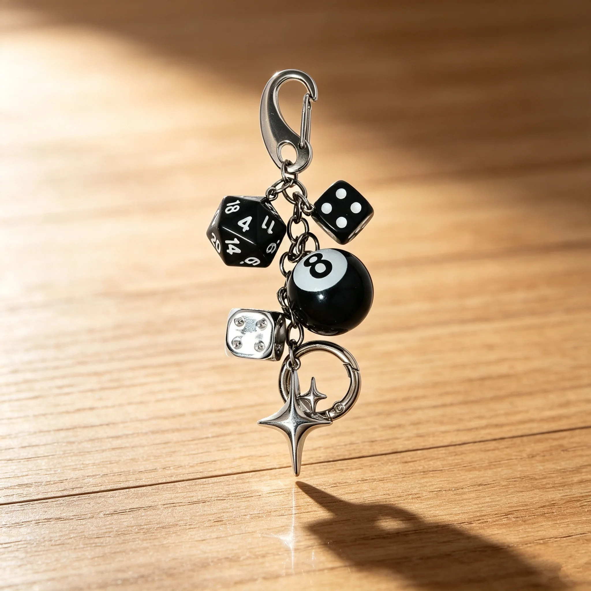 Multi‑Charm Metal Keychain, Black Billiard Ball Dice Four‑Pointed Star Pendant Key Ring, Car Bag Accessories Fashion Collectible