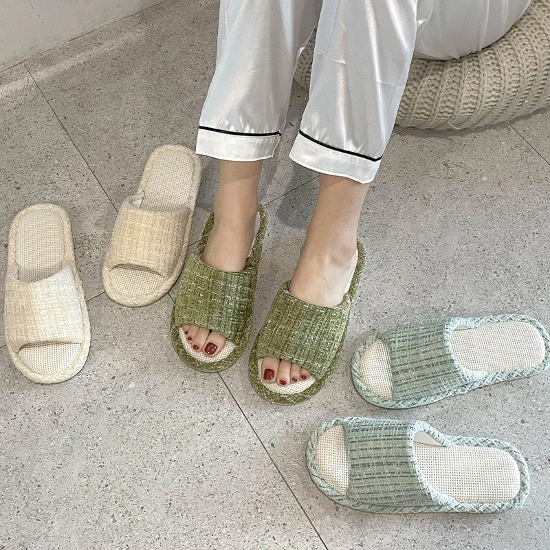 Spring Autumn Warm Home Women Cotton Linen Slippers Cute Non-slip Shoes Thick Soft Sole Indoor Bedroom Female Floor Winter Slide