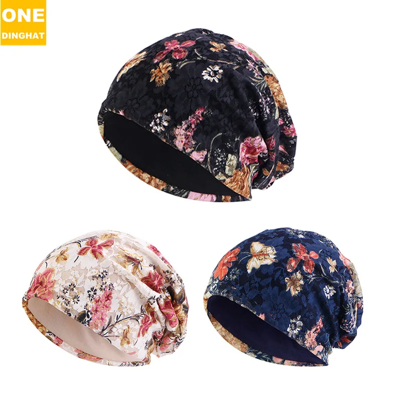 Double Printed Lace Balaclavas With Floral Patterns Warm Breathable Pile Caps Headdress Headdress Hat Base Cap