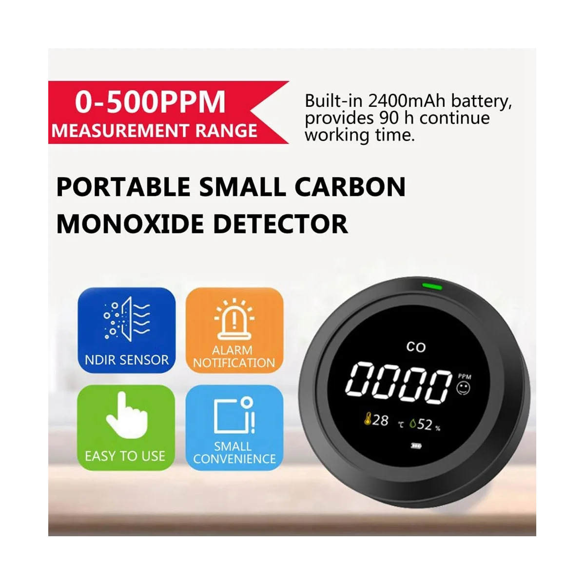 Portable Carbon Monoxide Detector [3-In-1] Air Quality Monitor/Temperature/Humidity/Smoke CO Gas Sensor