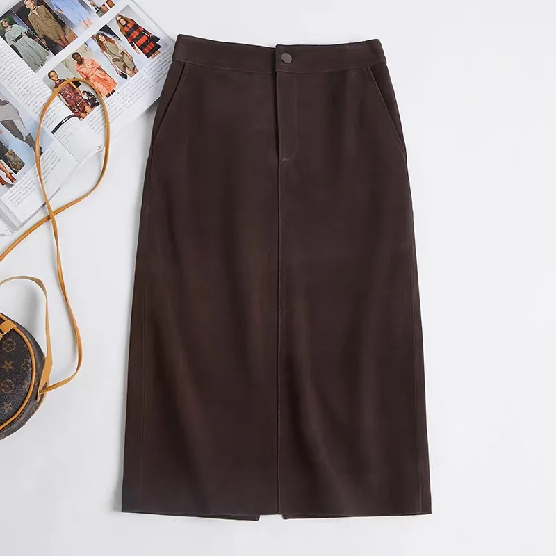 Retro High Grade Suede Leather Long Skirt For Women Winter Money Upgraded Imported Suede Jupe back Split Waist Loop Faldas