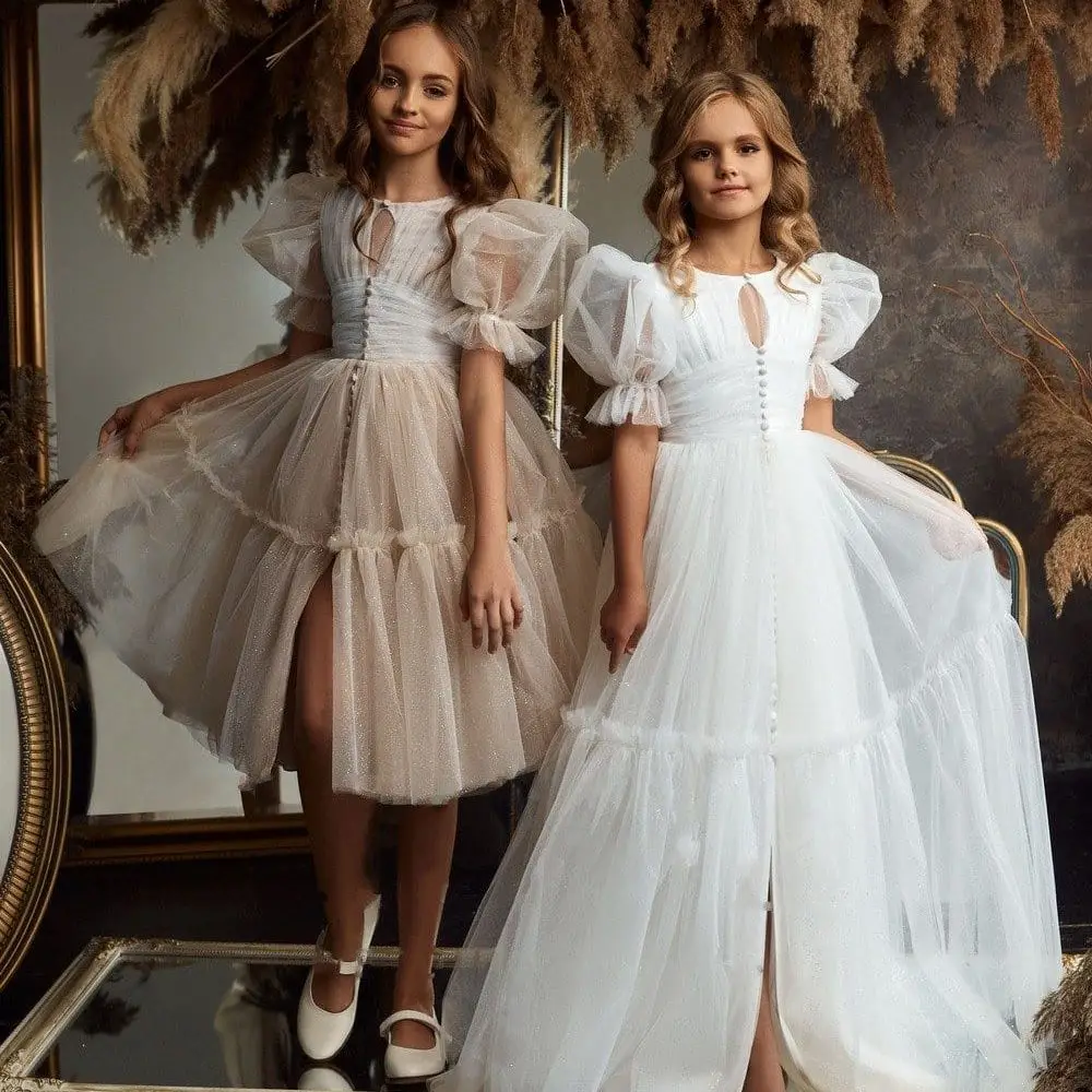 

White Flower Girl Dresses For Weddings A-line Short Sleeves Tulle Long First Communion Dresses Little Baby Kids