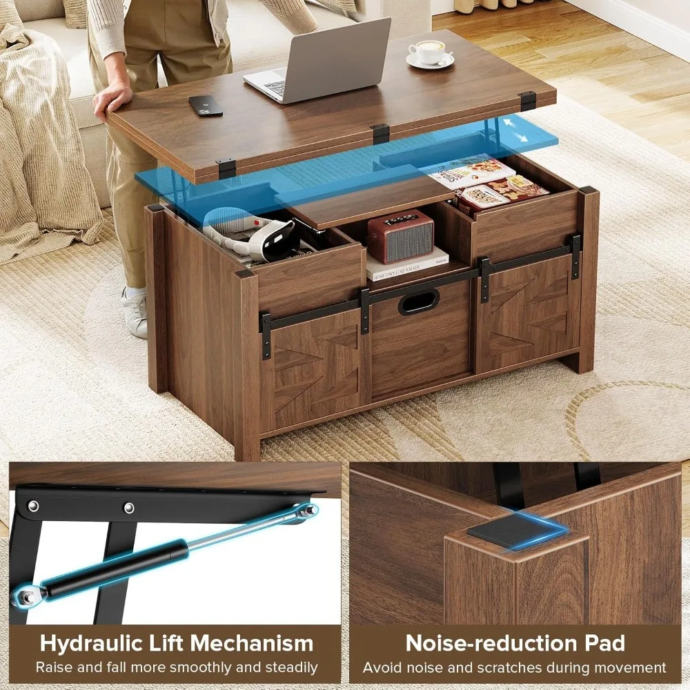 40 طاولة قهوة لرفع المزرعة مع أبواب حظيرة منزلقة، متعددة الوظائف 4 في 1، مع أدراج تخزين ومكونات مخفية #6