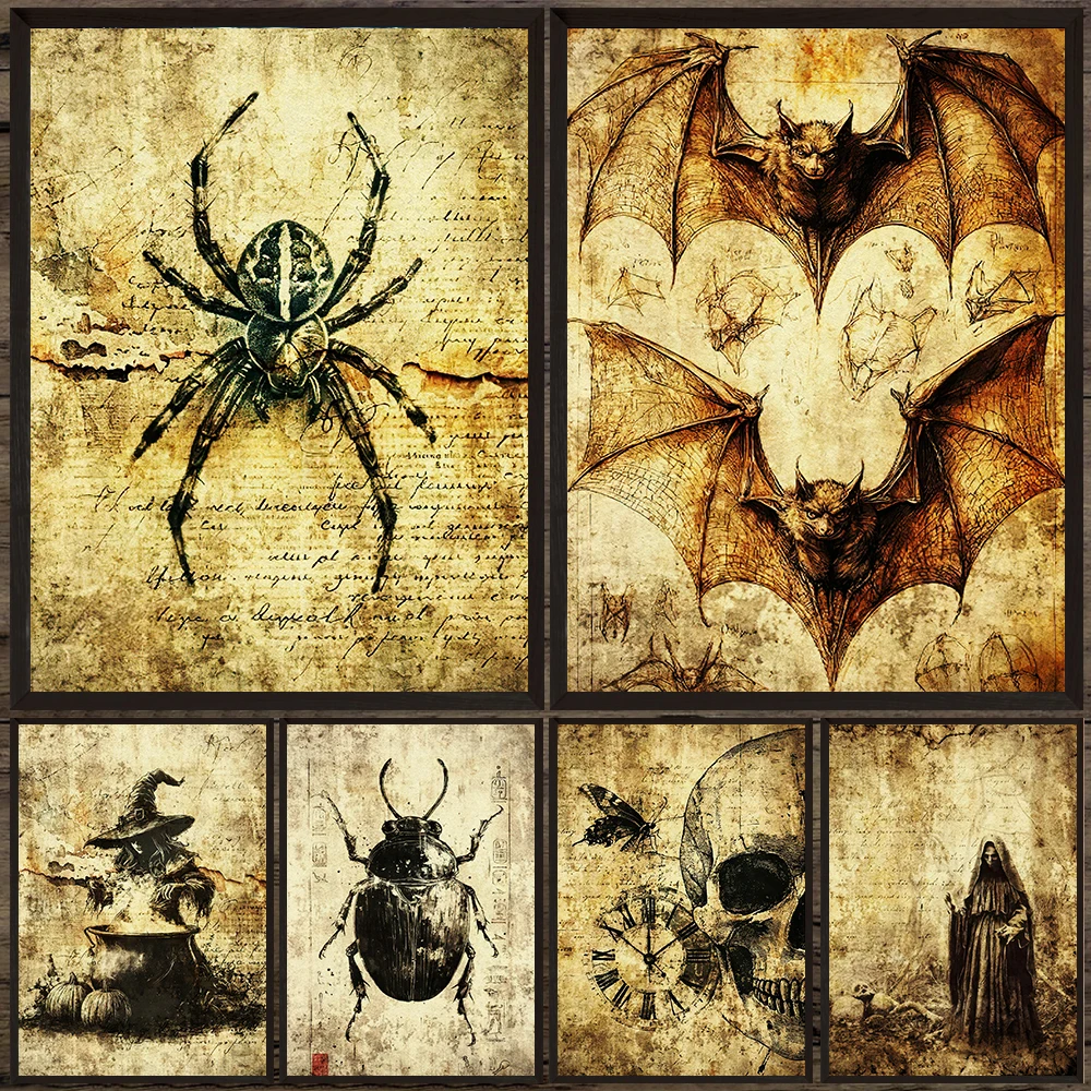 Pagan Witch Poster Print Decor,Swarms Of Bats,Creepy Spiders,Witch,Cauldrons Bubbling With Eerie Potions,Gothic Wall Art Print