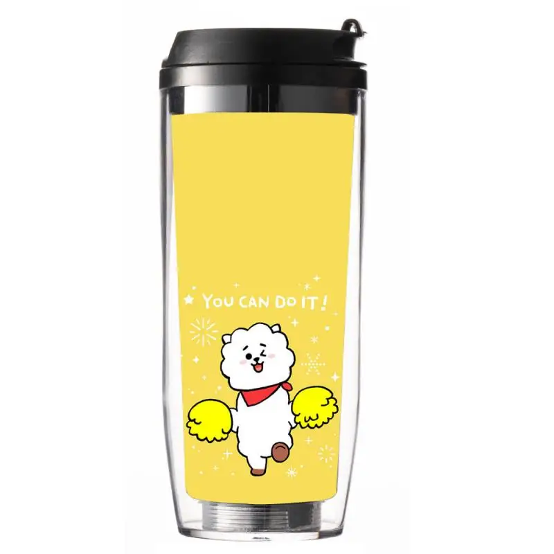 Taza de agua de 500Ml con dibujos animados de Anime Bt21 Tata Chimmy Cooky, nueva taza con pajita a la moda, taza portátil de doble capa, regalo para amigos