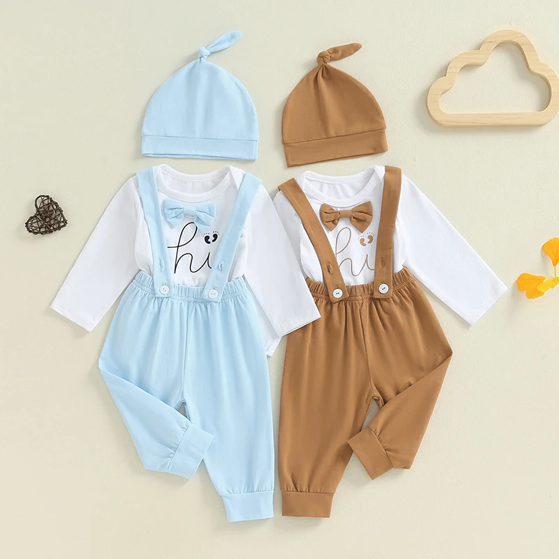 

2024-05-31 Lioraitiin 0-12M Baby Boy Outfit, Long Sleeve Letter Printed Bow Tie Romper with Overall Pants and Hat Infant Outfit