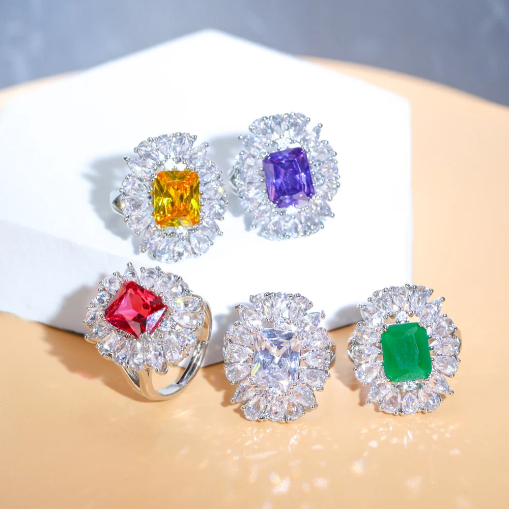 BeaQueen Lovely Multicolor Big Flower Cubic Zircon Stone Paved Silver Color Rings for Women Wedding Engagement Jewelry Gift R170