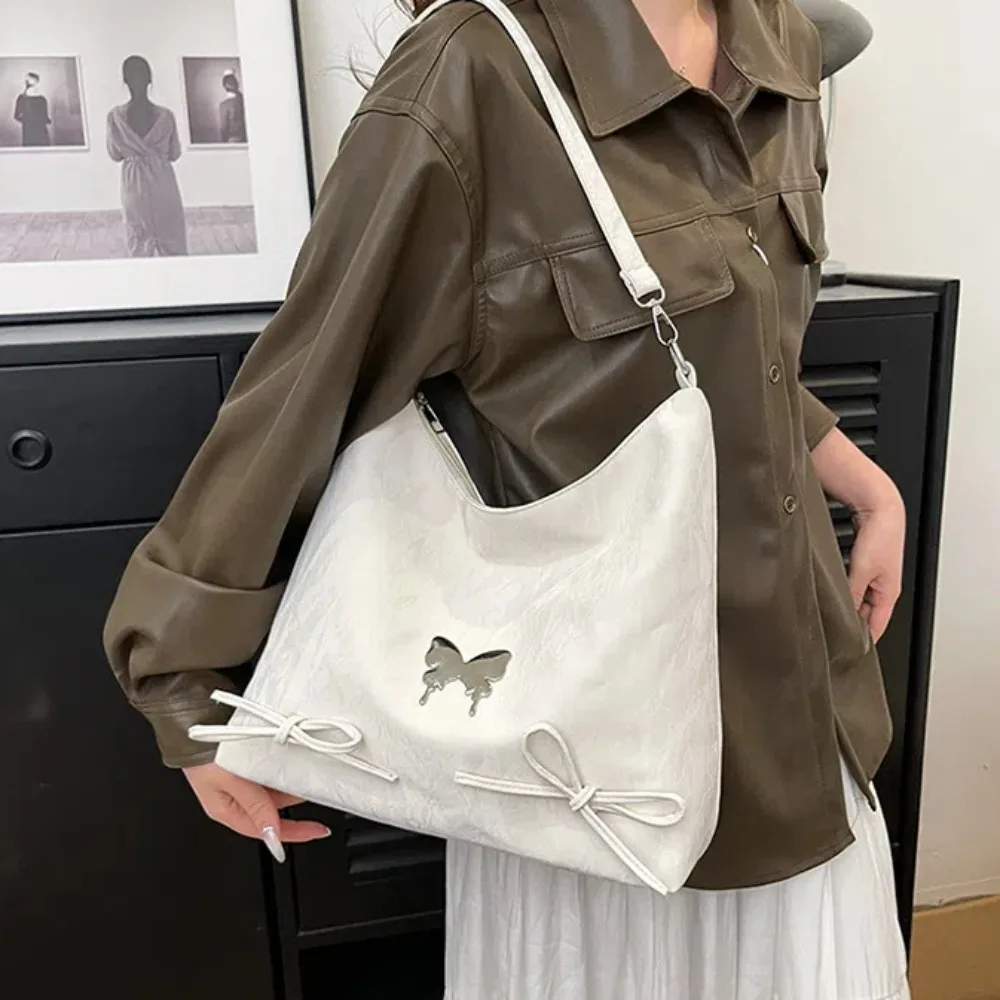 

Satin Surface Bow Ribbon Handbag Metal Butterfly Large Capacity Texture Underarm Bag Portable Gentle Zipper Shoulder Bag