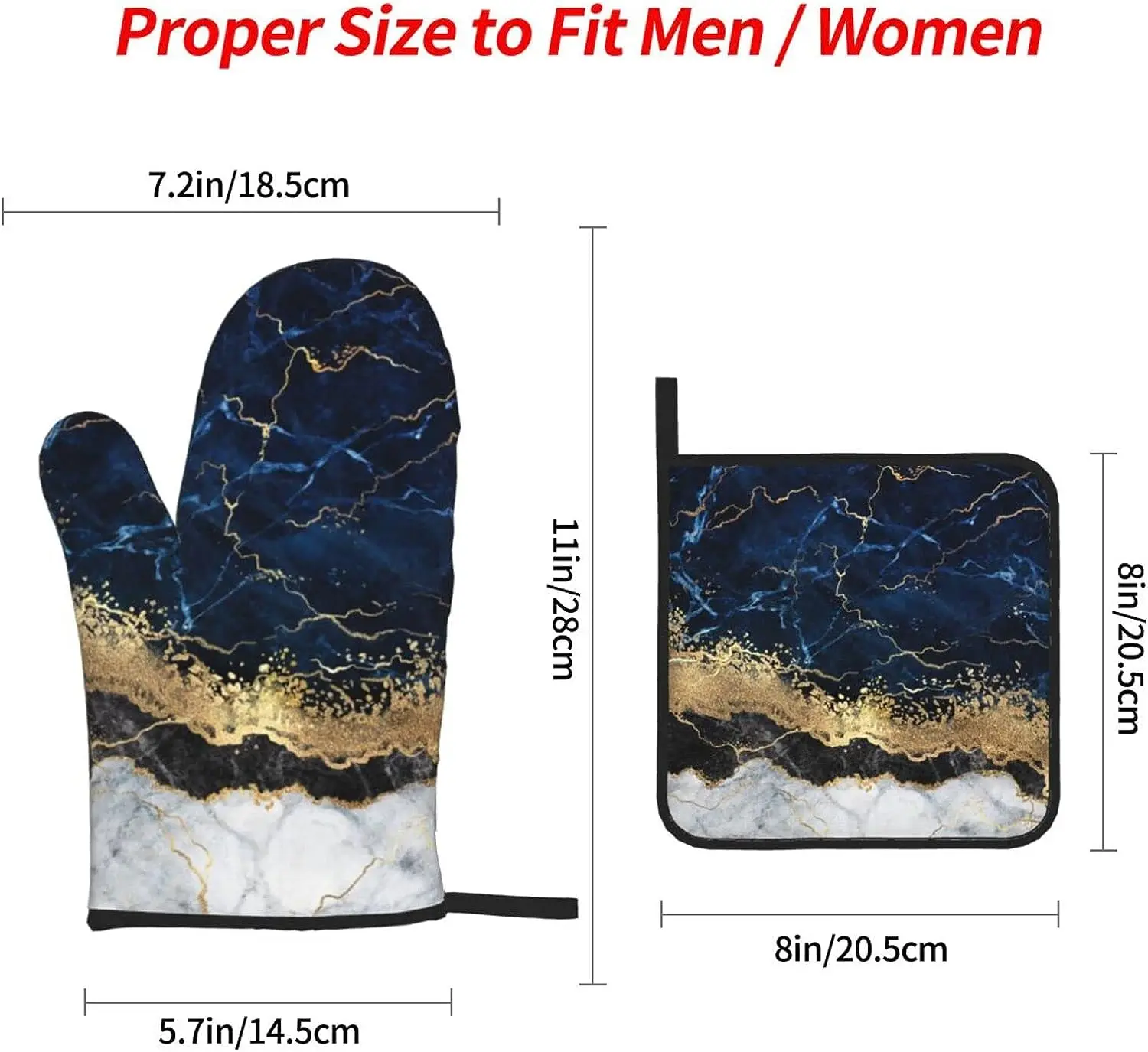 Navy Blue Marble Gold Abstract Oven Mitts and Pot Holders Sets of 4 Kitchen Potholder Gloves Heat Resistant Non-Slip for Cooking