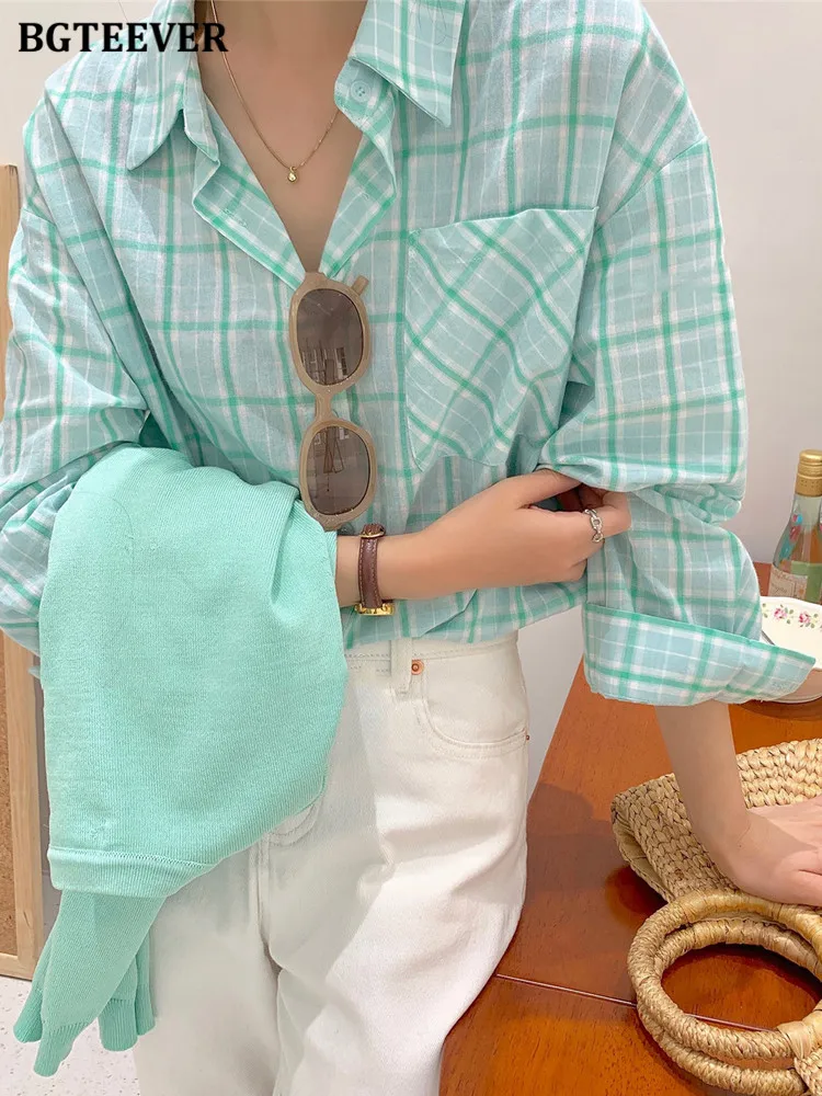 BGTEEVER Casual Single-breasted Loose Women Shirts 2022 Summer Turn-down Collar Long Sleeve Pocket Female Plaid Blouses Tops