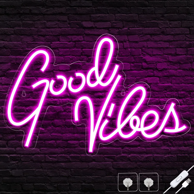 

Good Vibes Neon Sign for Wall Decor Pink Bedroom led Room & Party Decor USB Powered Lights Lover Friends