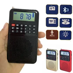 Mini Pocket FM Radio High Sensitivity Radios Receiver Portable Bluetooth Speaker Recorder with LED Light Support TF Card Headset