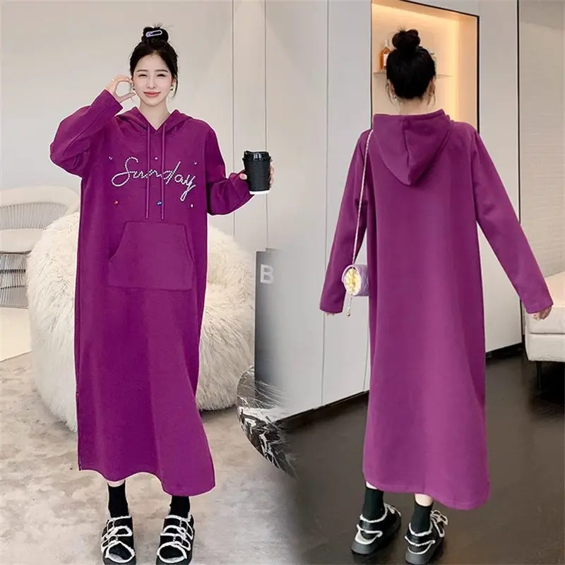 

Hoodie Sweatshirt Dress Medium Length Large Size Winter Clothing For Women Dress Fashion Beading Casual Loose Female Robe Z3317