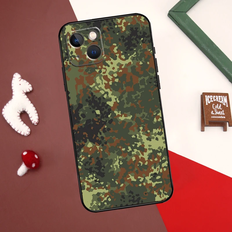 Custodia mimetica Flecktarn per iPhone 16 X XR XS Max 12 13 Mini Plus 11 12 13 14 15 Pro Max Cover posteriore