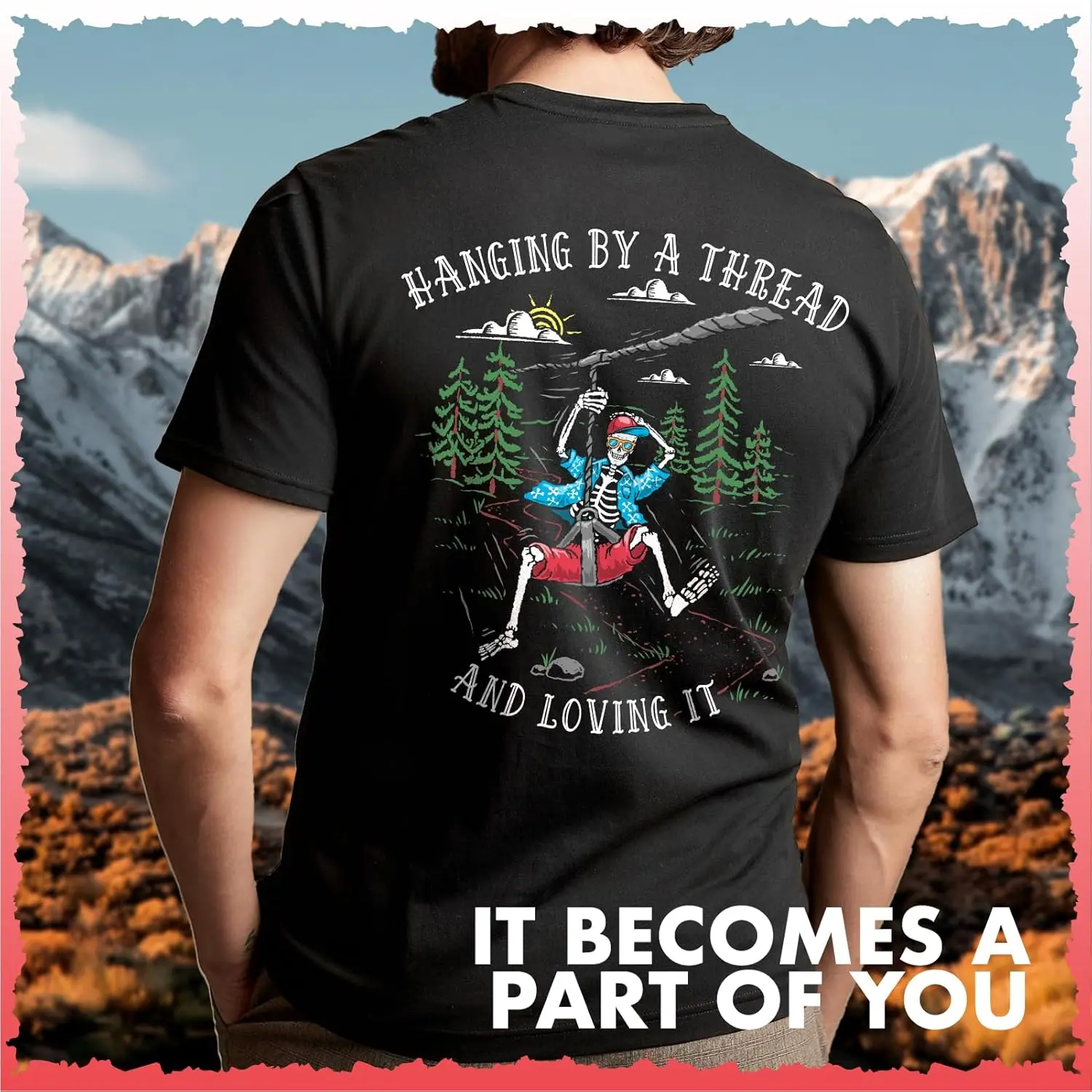 Hanging By A Thread Skeleton Zipline Graphic T-Shirt Men's Vintage Outdoor Adventure Tee