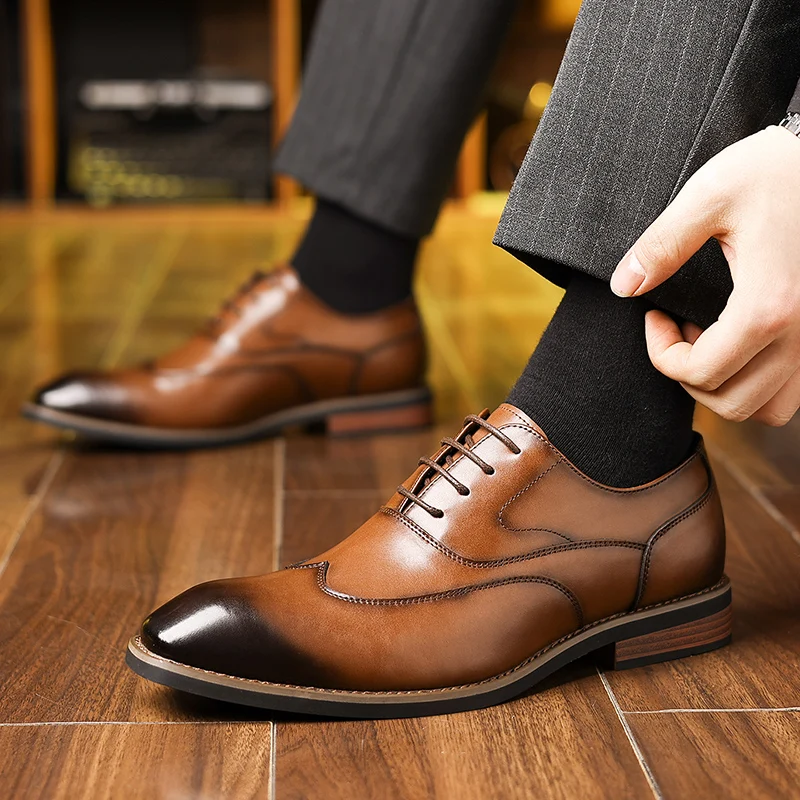 

High Quality Mens Comfortable Lace Up Business Formal Leather Shoes Fashionable Brand Men Pointed Polished Banquet Leather Shoes