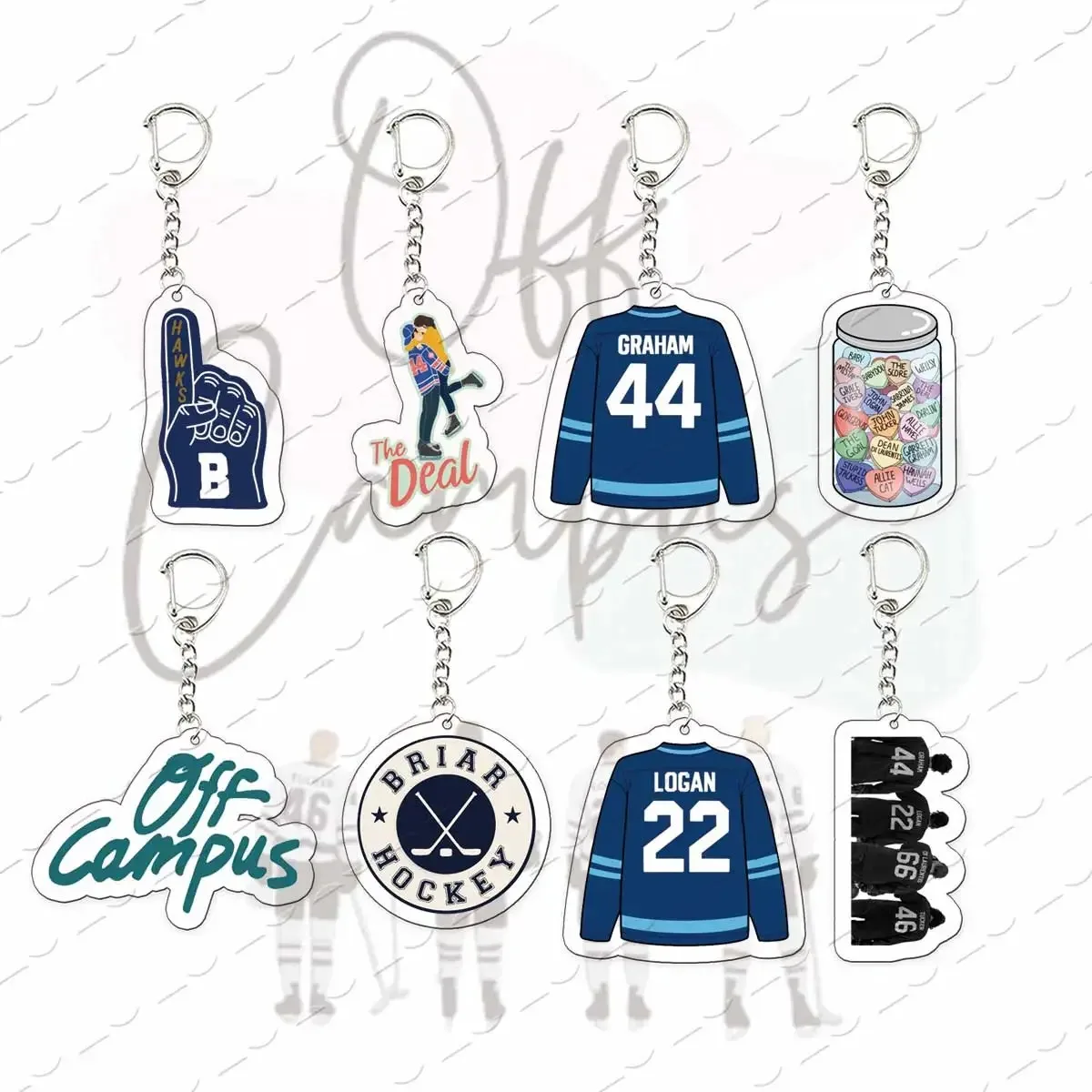 Llavero de acrílico de hockey de Elle Kennedy y Garrett Graham de la serie TV Off Campus K, colgante para bolso, regalo para fans y amigos