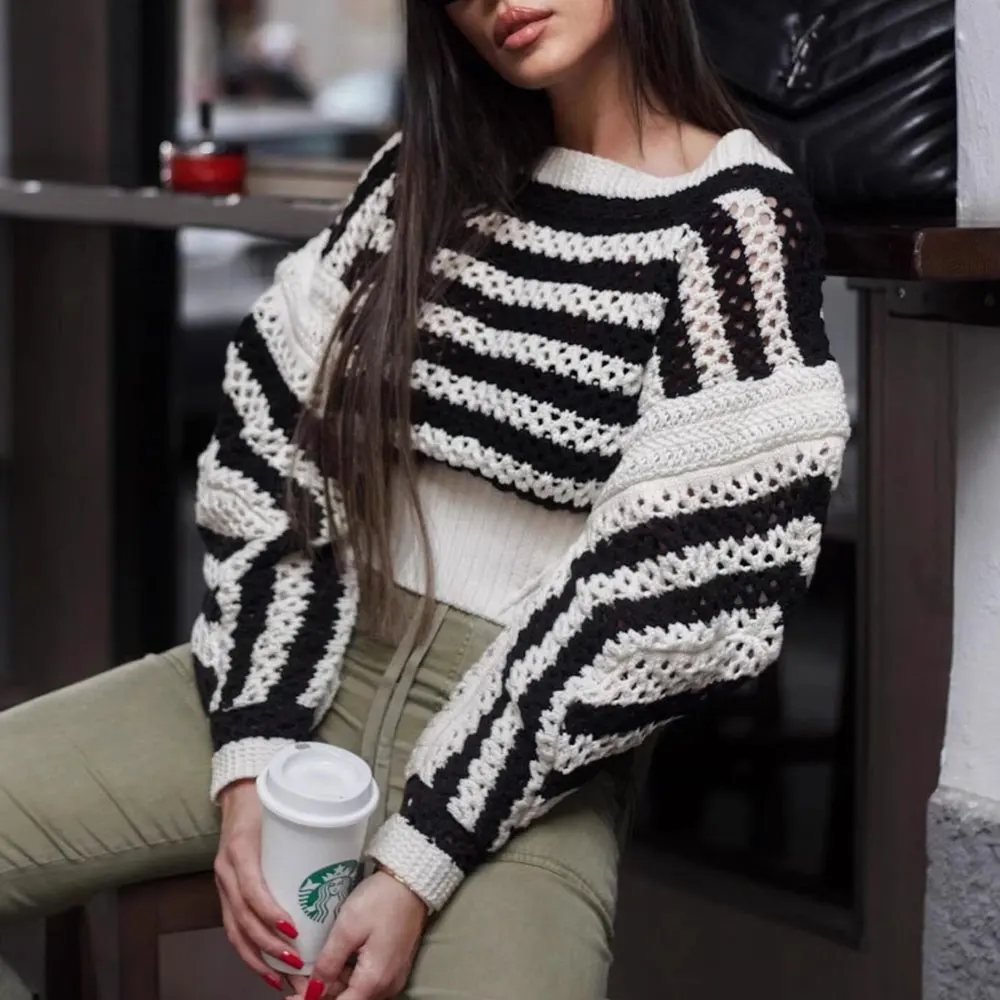 

Женский вязаный свитер во французском стиле ретро с длинными рукавами в полоску и вырезами с кисточками, топ в европейском стиле
