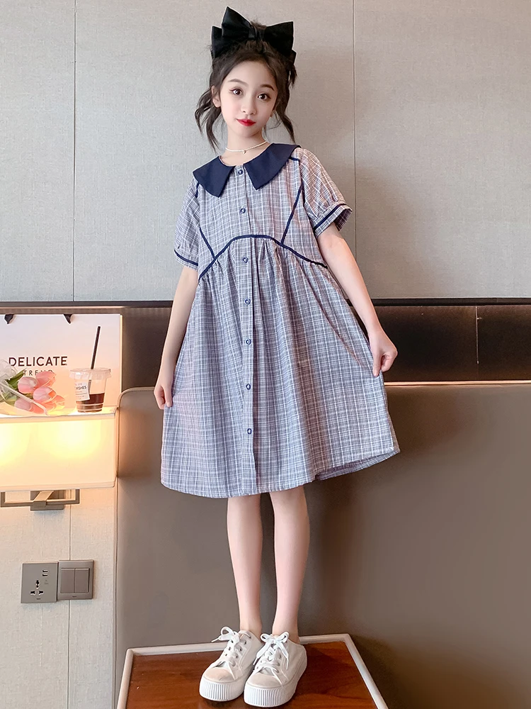 女の子用プリンセスドレス夏ファッショナブルな半袖チェック柄ターンダウンカラー韓国風子供服aラインスカート