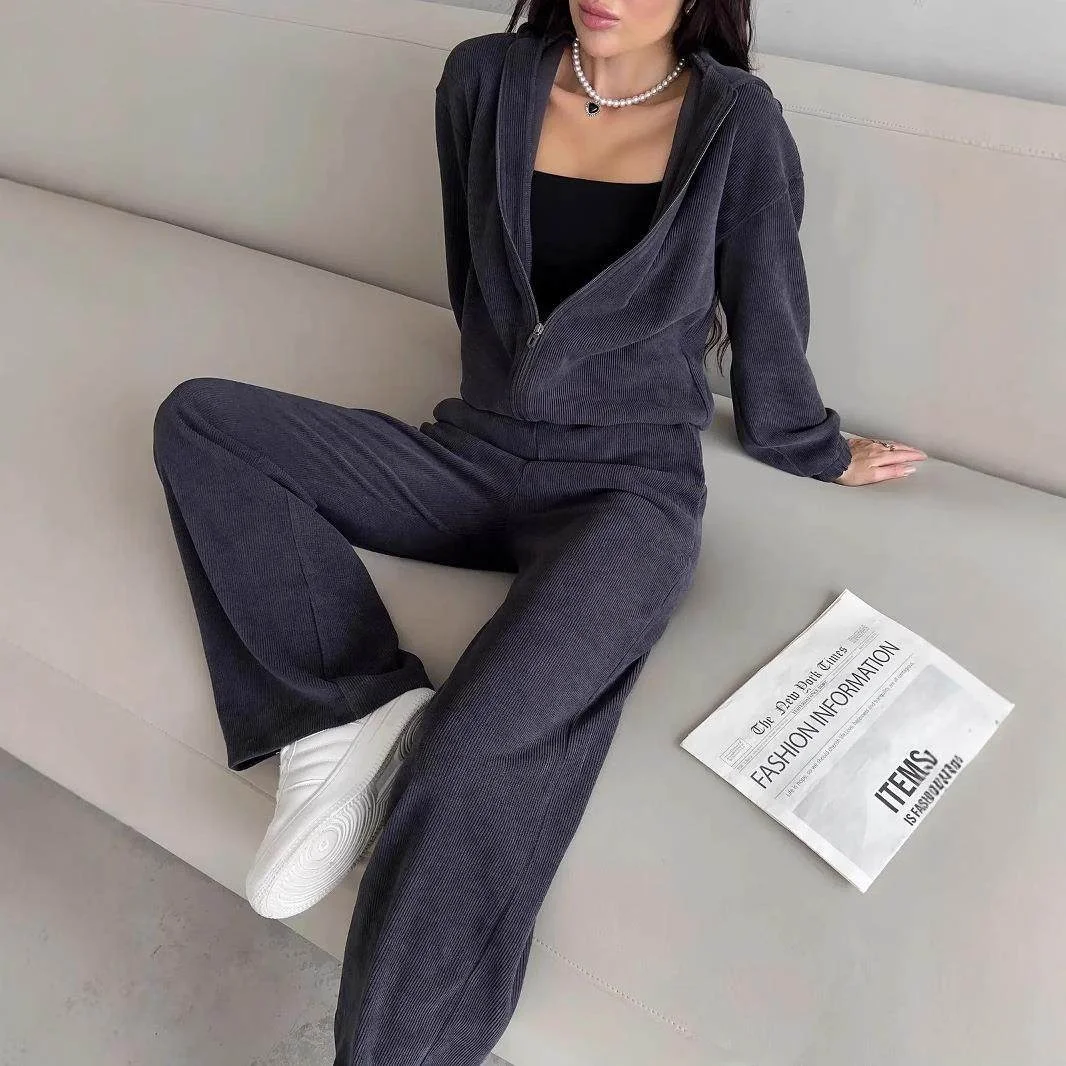 2025年新作 レディース カジュアル フード付き ロング丈 無地 セットアップ ゴムウエスト ワイドレッグパンツ 快適 通気性 おしゃれ