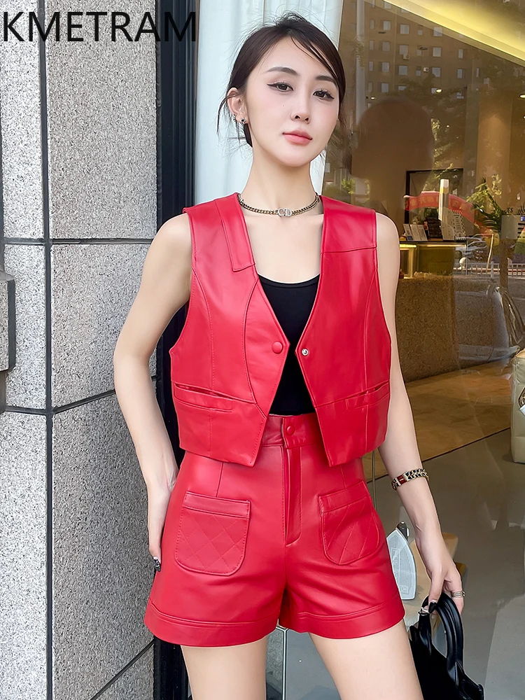 KMETRAM Genuine Leather Sets Autumn Women Vest 2024 Fashion Real Sheepskin Sleeveless Jacket Elegant Skirts for Woman Clothes