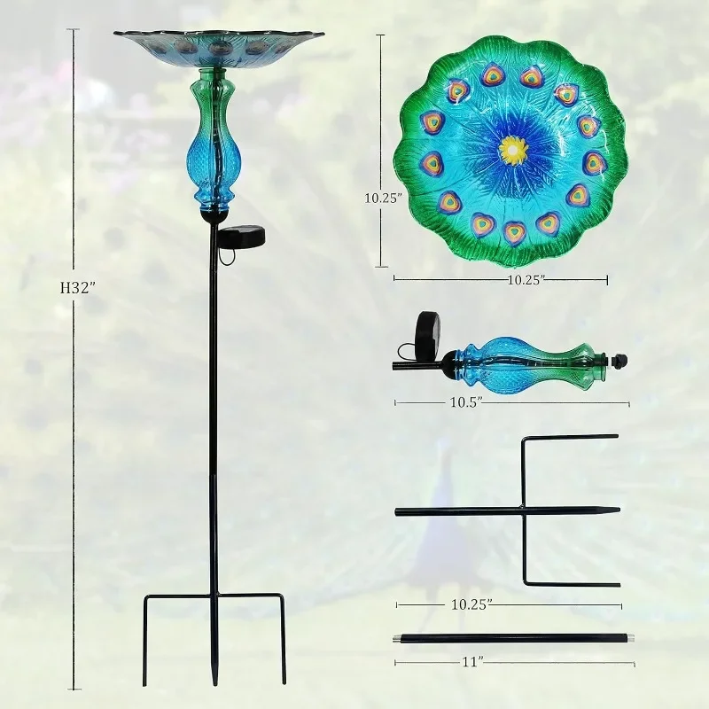 Peacock Bird Bath for Outdoor - Glass Bowl Solar Light Bird Baths Cage Outside Dish Bird Feeder with Metal Stake f