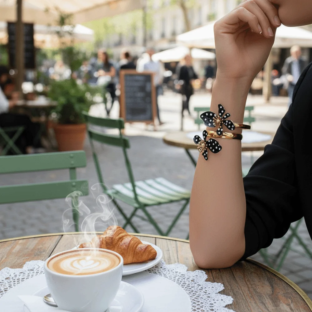 Personality Polka Dot Flower Open Bangle Enamel Glaze Double Layer Floral Bracelet Vintage Cuff Armlet Birthday Gift