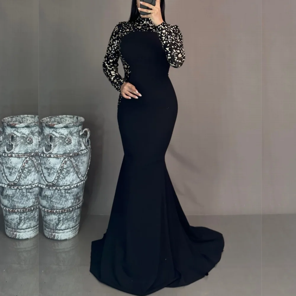 

Customized Exquisite Casual Jersey Sequined Pleat Trumpet High Collar Long Dresses Bespoke Occasion Formal