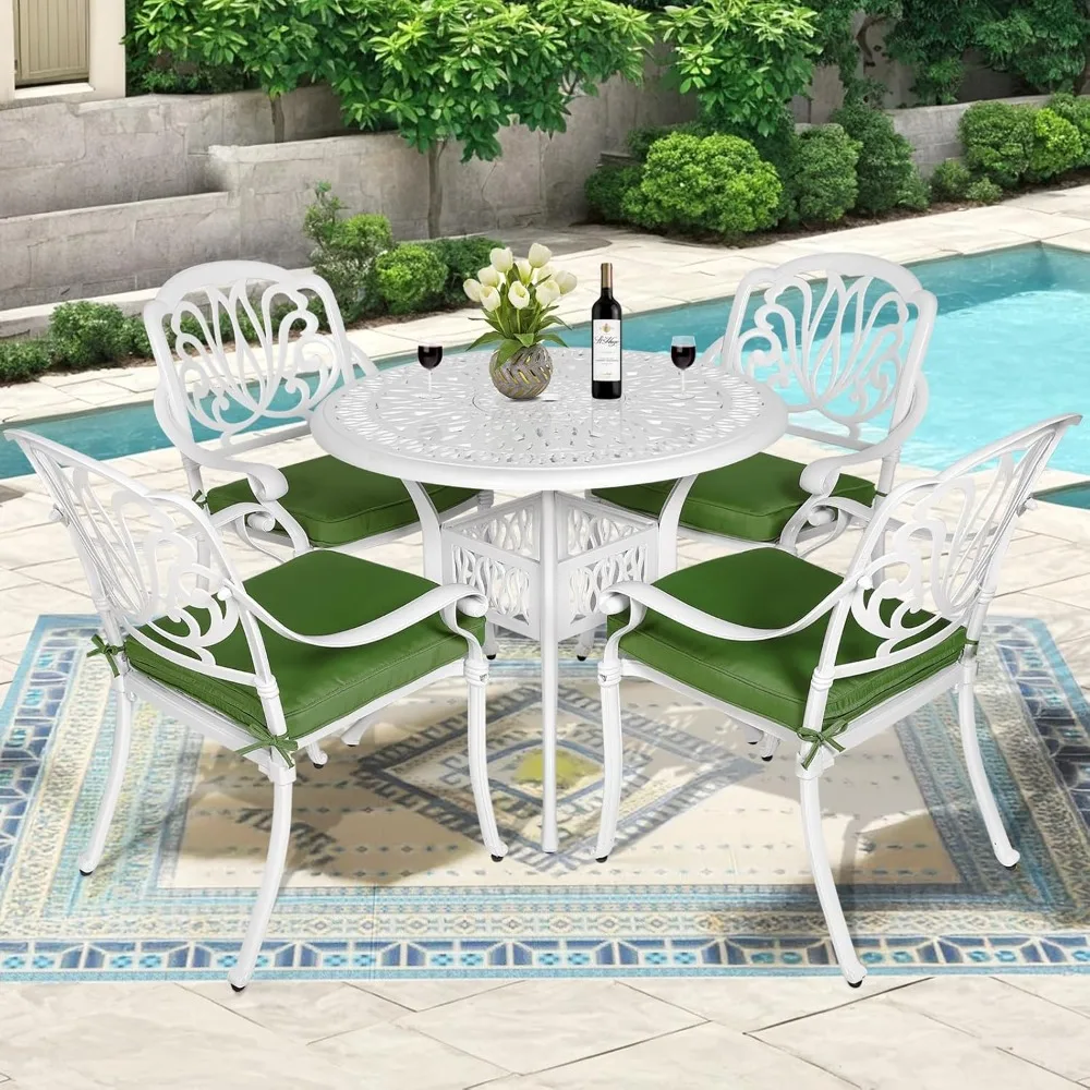 

5 Piece Patio Dining Set, Outdoor All-Weather Cast Aluminum Dining Table Set, Patio Furniture Set, Include 4 Chairs, 4 Cushions