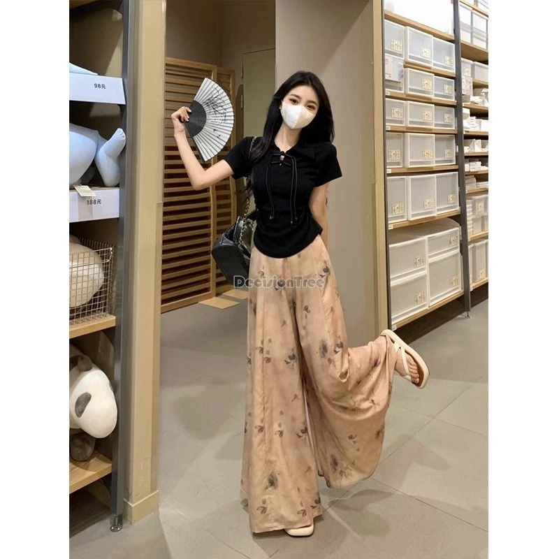 2024 chinese style set women vintage disc buckle polo collar short sleeve top loose printed elastic waist pants 2 piece set w450