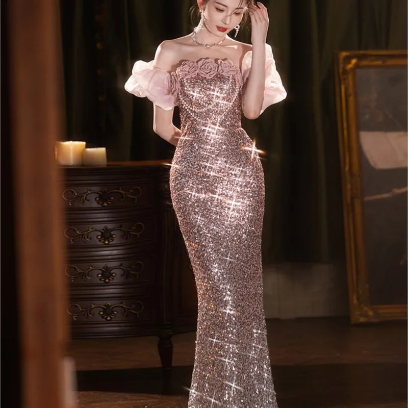 one-line shoulder light luxury fishtail banquet host ethos sparkly dress