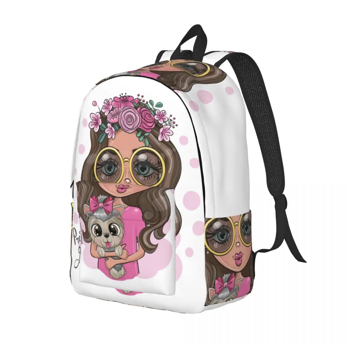 Girl In Glasses Backpack Flowers Cartoon Outdoor Backpacks Xmas Gift Female Fun School Bags High Quality Big Rucksack