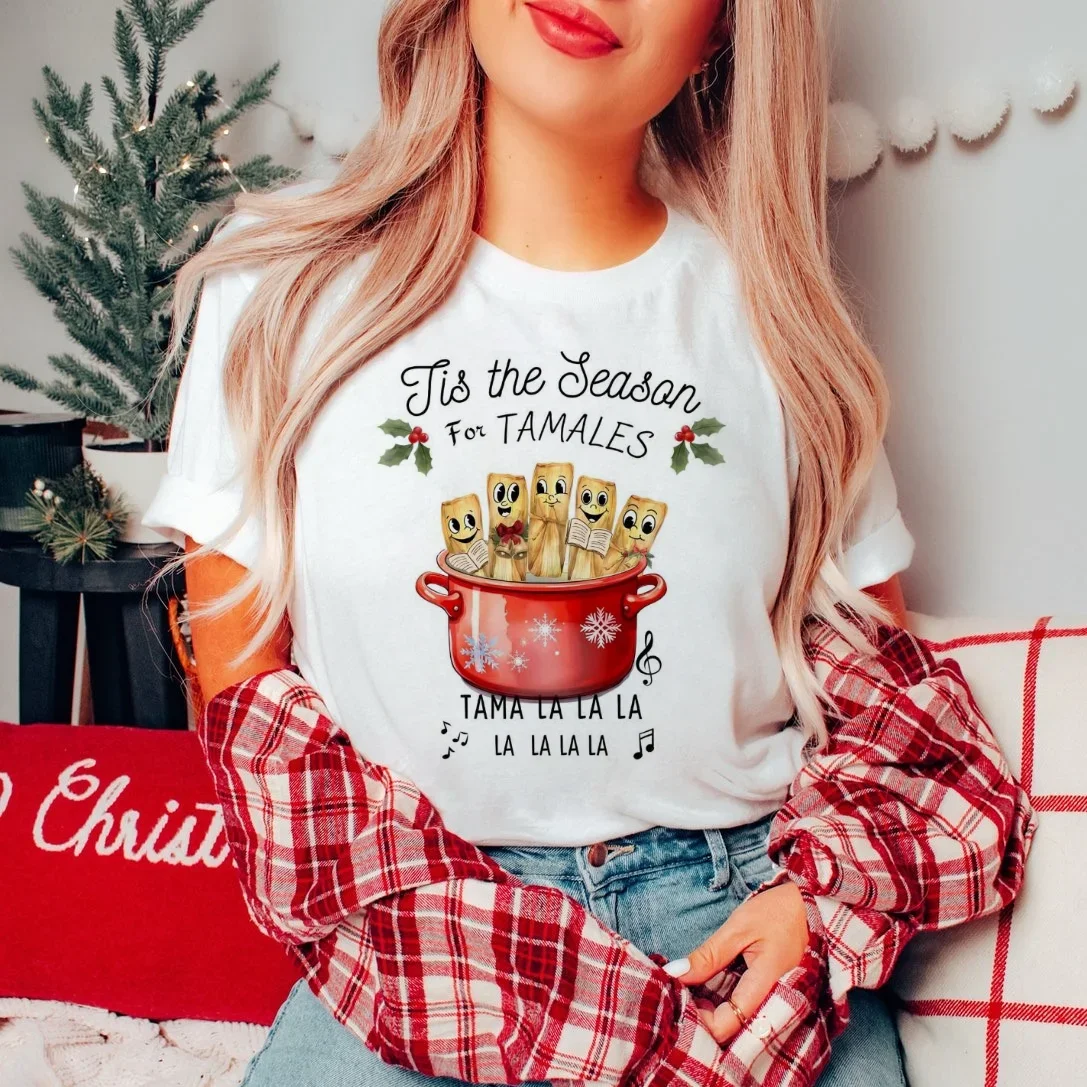

Cute Trendy 90s T-Shirt for Women Funny Tis The Season for Tamales Pattern Printed Fashion Casual Short Sleeve Printed T-Shirt