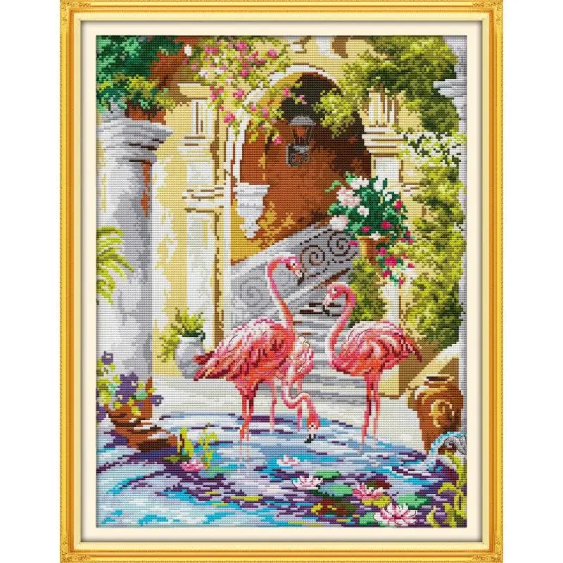 Pink Flamingo Animal Pattern Cross Stitch Embroidery Kit 14CT Counted 11CT Printed Canvas Sewing Set Bedroom Decorative Painting