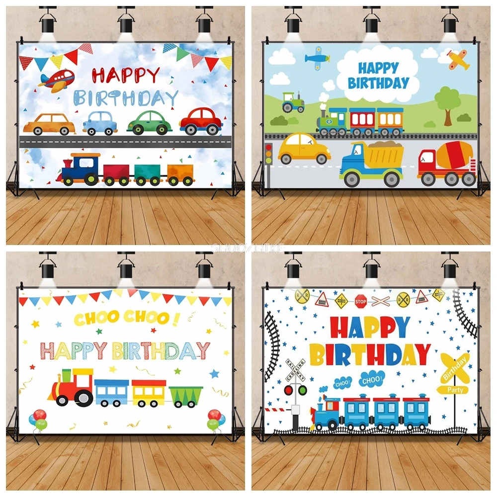 

Cartoon Train Birthday Party Photography Background Transportation Theme Car Balloon Boy Girl 1st Birthday Backdrop Photo Studio