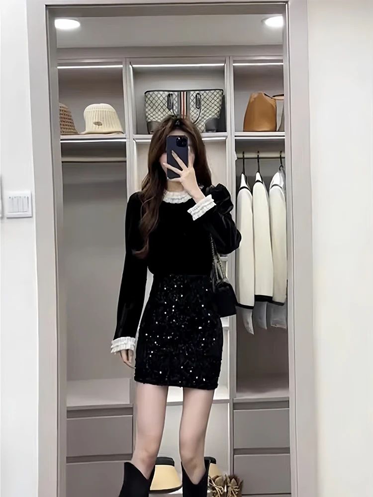 

Early Autumn New Sle Ele Bla Velvet Top High Waist Slimming Sequin f Skirt Two Piece Set Women's Faion Ensemble