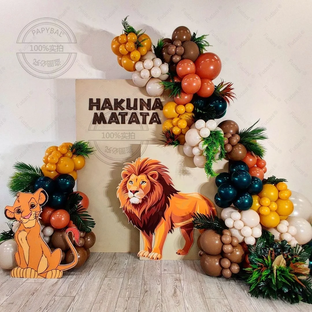 182PCS Lion King Theme Balloon Garland Arch Kit With Artificial Leaf Yellow Orange Blue Latex Globos Kids Birthday Party Decors