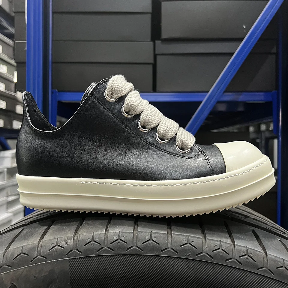 

2025 New Men Casual Shoes Low Top Jumbo Shoelace Up Genuine Leather Ro Thick Sole Fashion Luxury Trainers Women Flat Sneakers