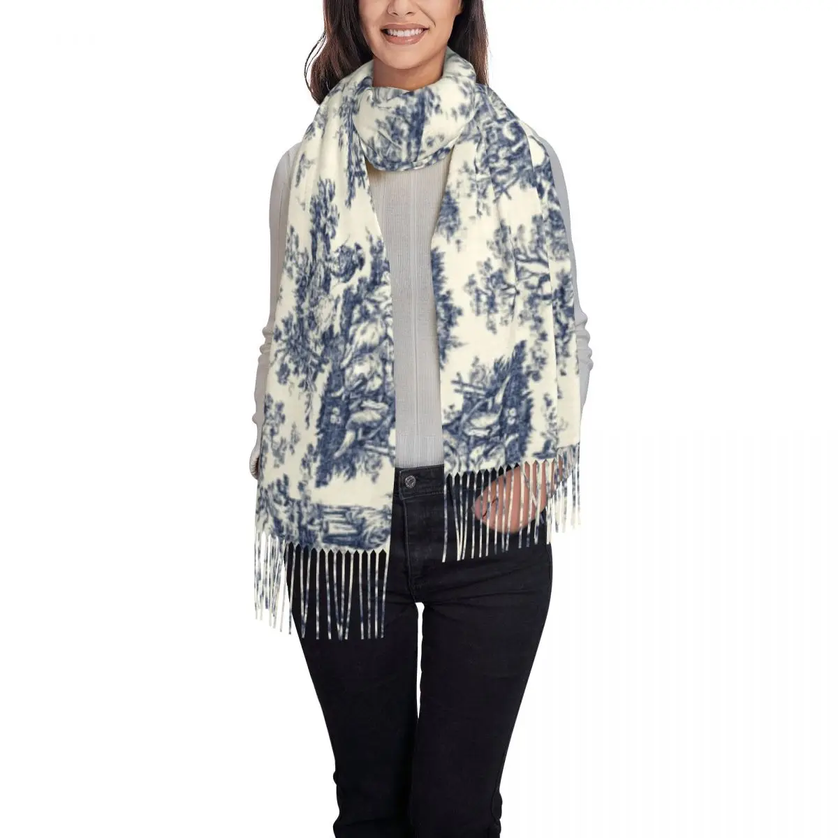 Female Long Vintage Toile De Jouy Scarves Women Winter Soft Warm Tassel Shawl Wrap Navy Blue And White Scarf