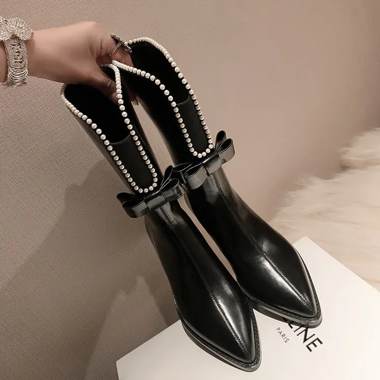 2023 New French Pointed Head Temperament White Bow Tie Women's Short Boots Pearl Zipper Cowhide Boots Fashion Trend Short Boots