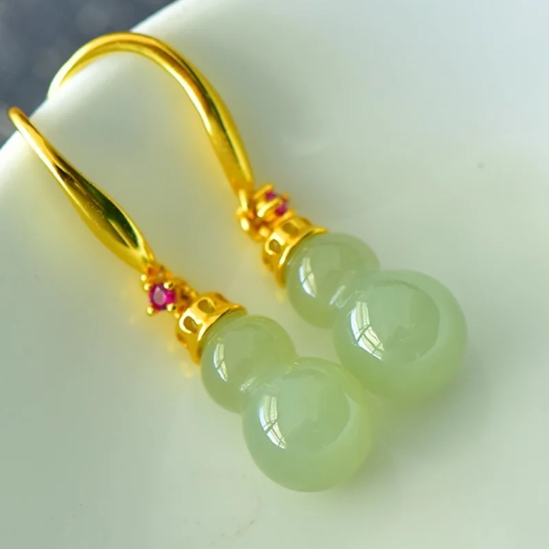 SGARIT Authentic Jadeite Hetian White Jade S925 Silver 8*31mm Hulu Gourd Hook Earrings 3D Elegant Generous Versatile for Women