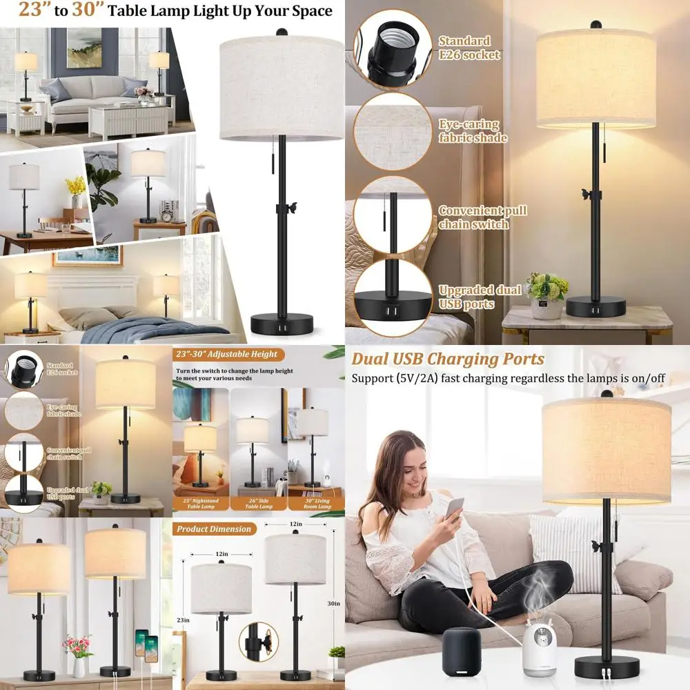 

Set of 2 Adjustable Bedroom Table Lamps with USB Ports, Black with Cream Linen Shades, 23-30 Height, Modern Industrial Style