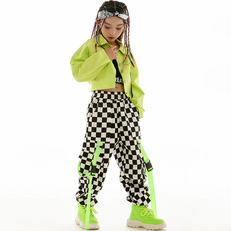 Hip Hop Costume Jazz Dance Kpop Outfit Stage Wear Fashion Girls Clothes Green Jacket Checkered Pants Long Sleeves Kids