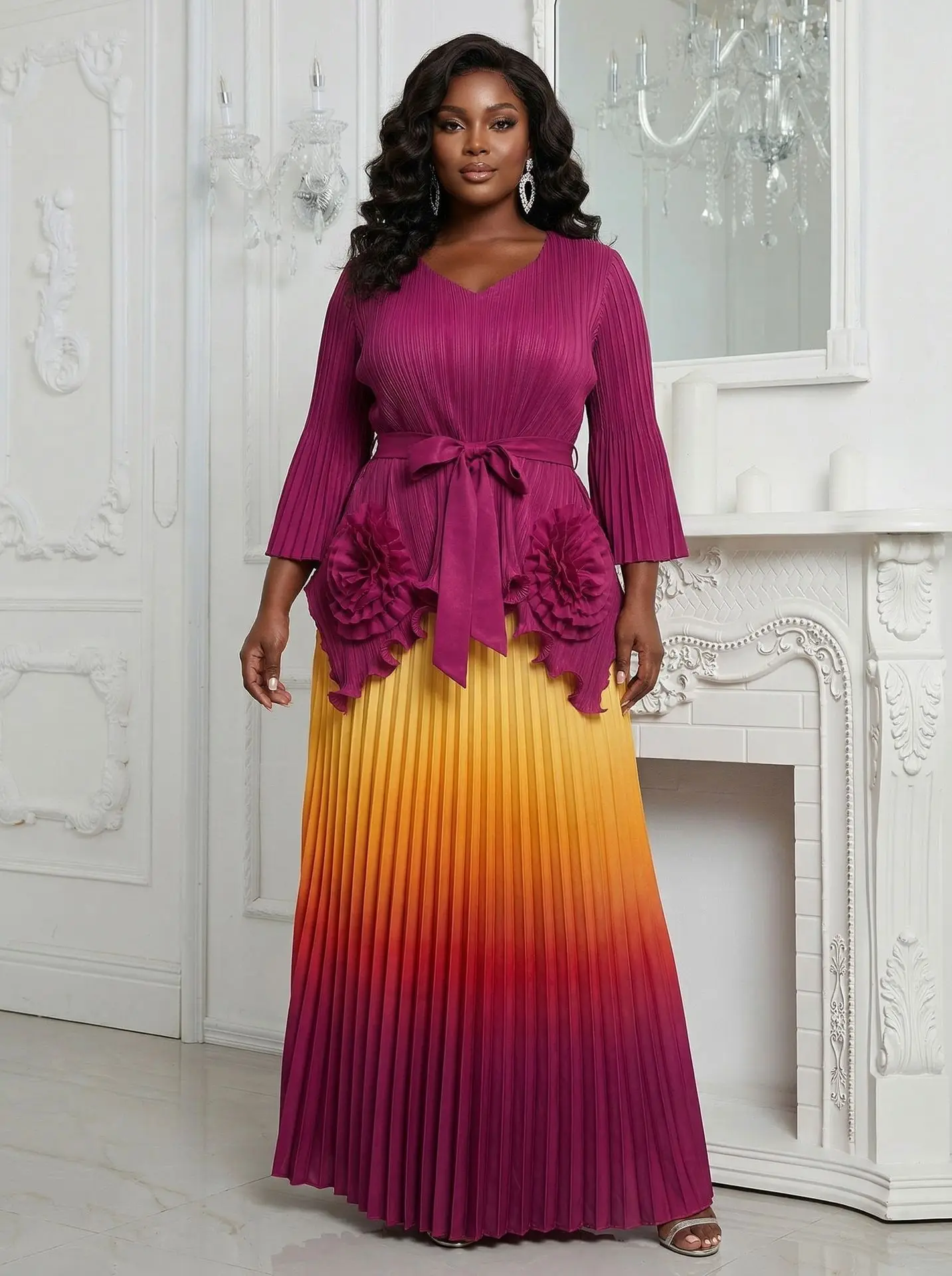 

Miyake Pleated Loose Suit Fashion Irregular Top Gradual Change Color Skirt Two-piece Set Women's Clothing